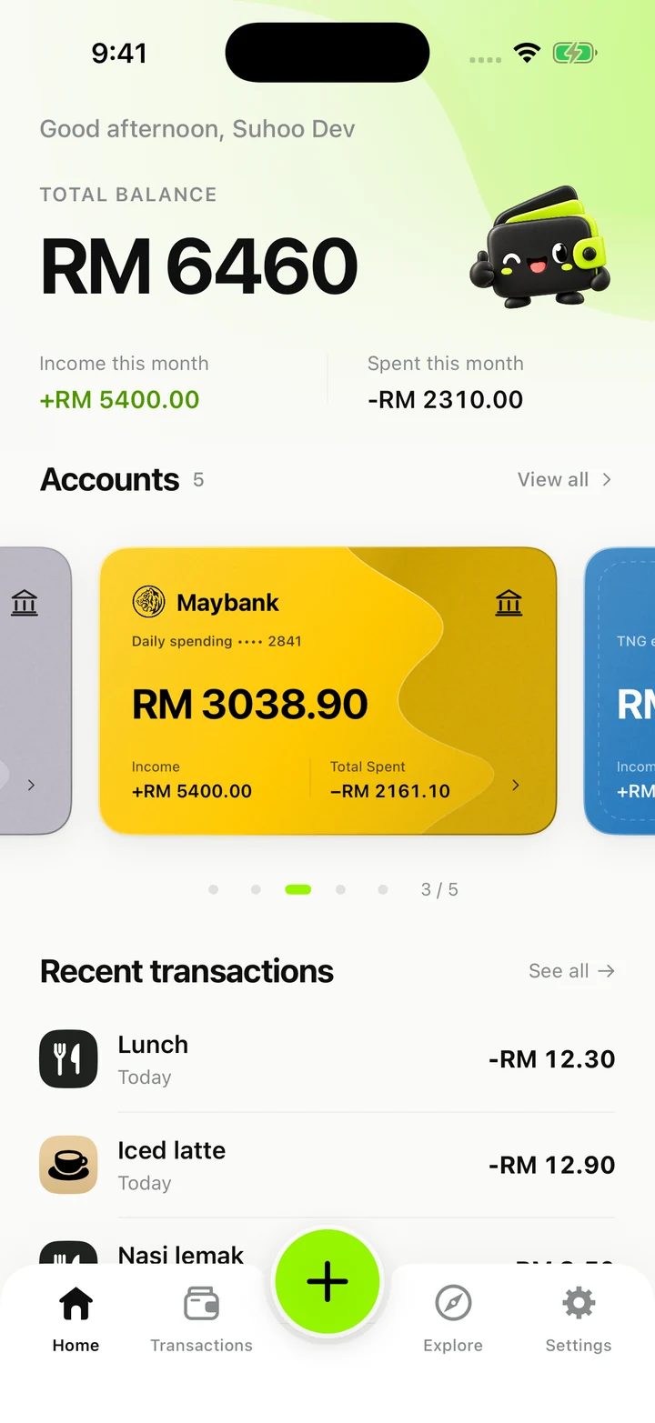 MyWallet home screen with account balances and recent transactions