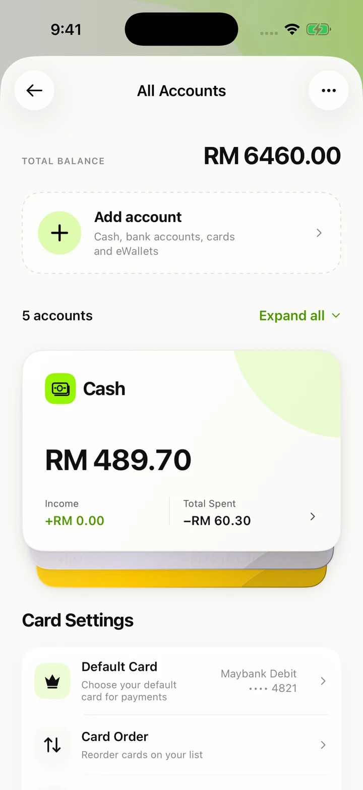 MyWallet accounts screen showing cash, bank and eWallet accounts