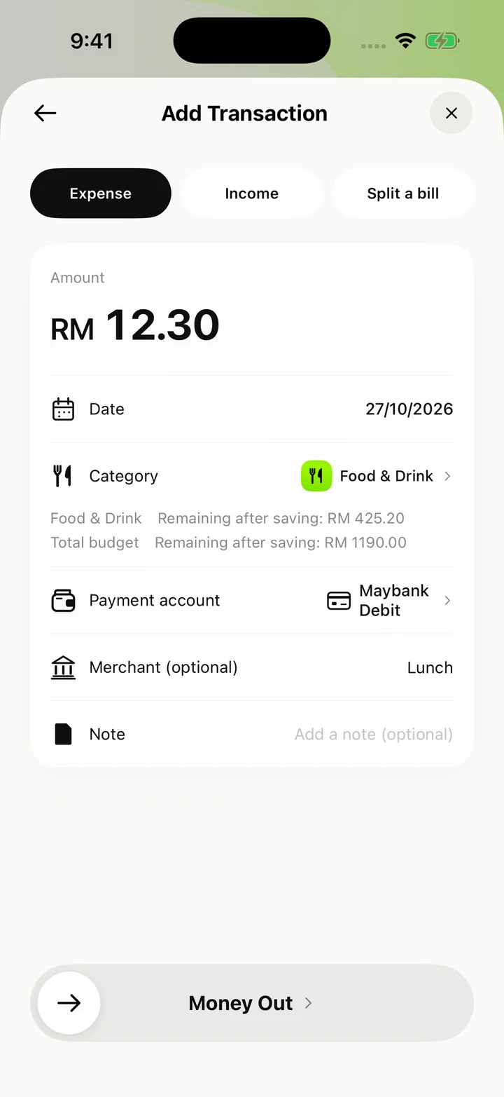 MyWallet expense entry screen with a lunch expense and budget preview